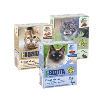 Bozita Tetra Recart Häppchen in Soße - Huhn&Pute, Rentier & Kaninchen 18 x 370 g Probierpaket Bozita Tetra Recart Häppchen in Soße - Huhn&Pute, Rentier & Kaninchen 18 x 370 g Probierpaket