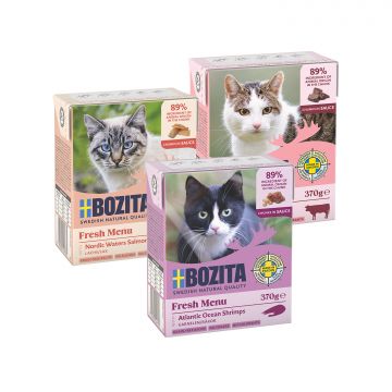 Bozita Tetra Recart Häppchen in Soße - Garnele, Lachs & Rind 18 x 370 g Probierpaket Bozita Tetra Recart Häppchen in Soße - Garnele, Lachs & Rind 18 x 370 g Probierpaket